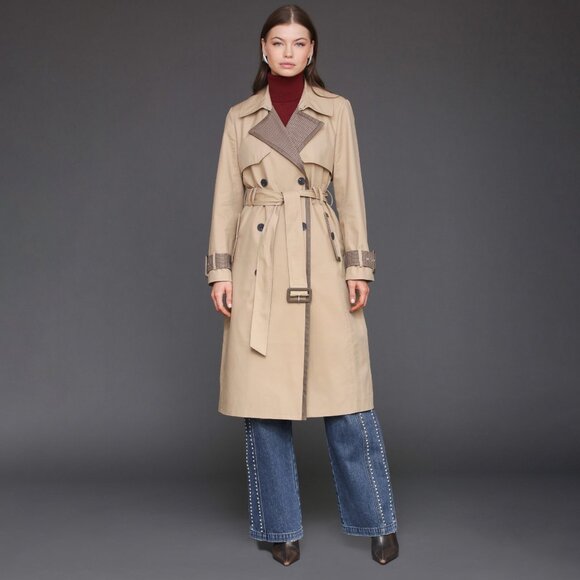 New Avec Les Filles Plaid Contrast Trim Trench Coat Tan XS $228 - Picture 3 of 7